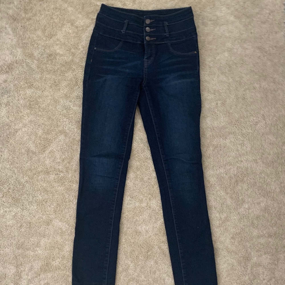 Dark denim, high rise skinny jeans